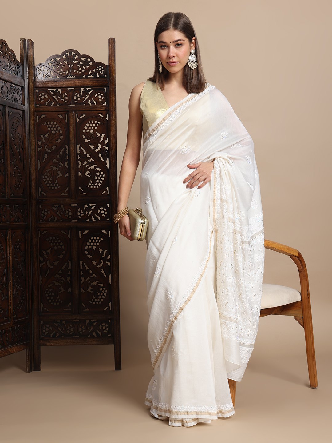 Chanderi Silk Chikankari Saree with Zari