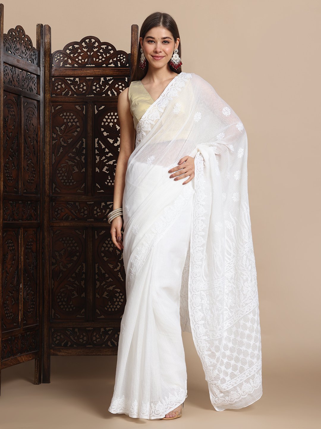 Premium Chikan Embroidered Kota Doriya Saree