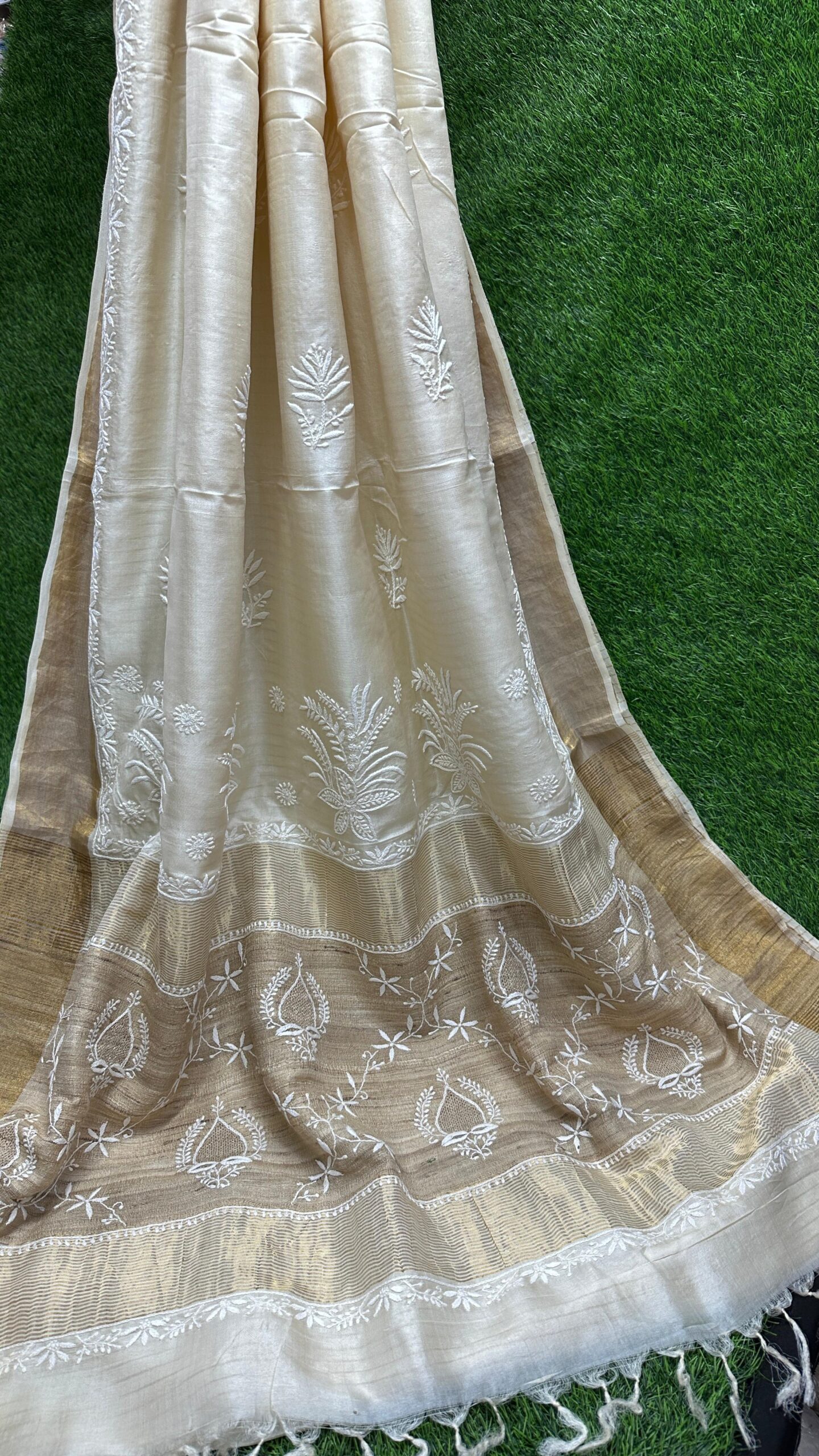 Pure Tusser Silk Saree with hand embroidered
