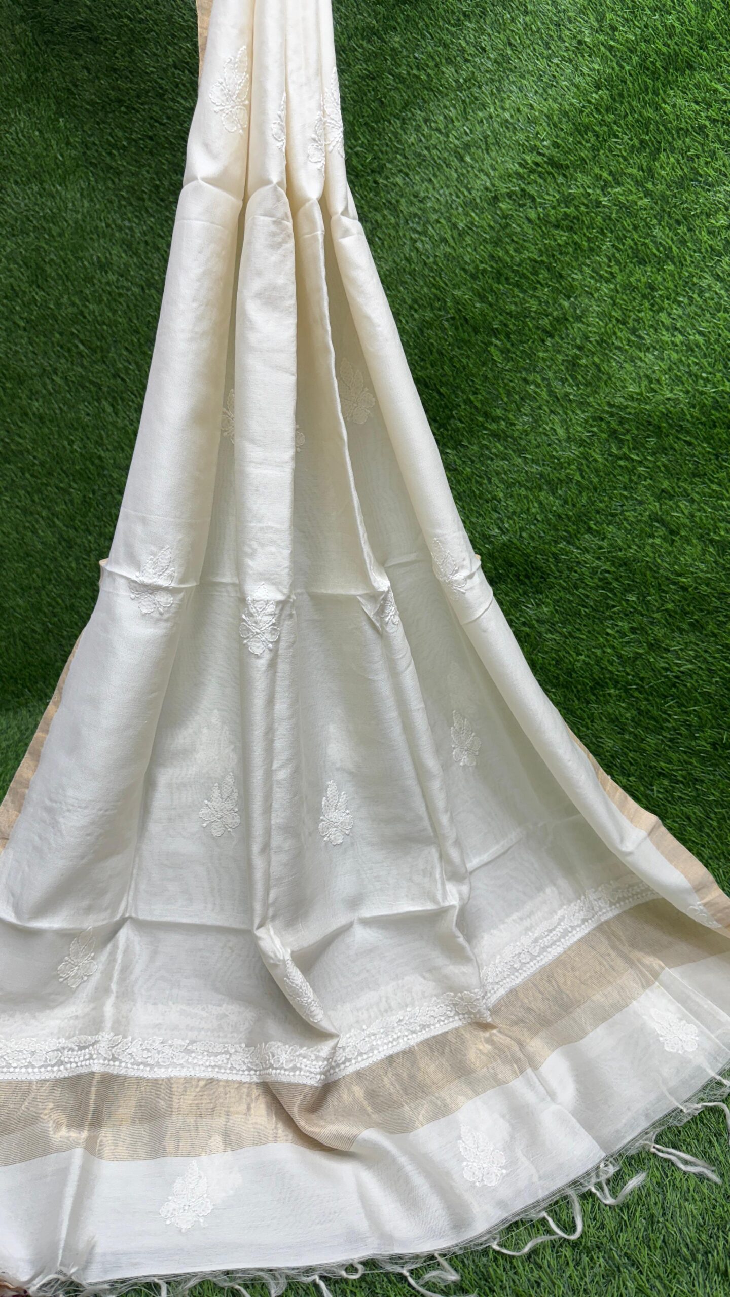 Bharat Handcrafted Chikankari Dupatta on Pure Chanderi Silk