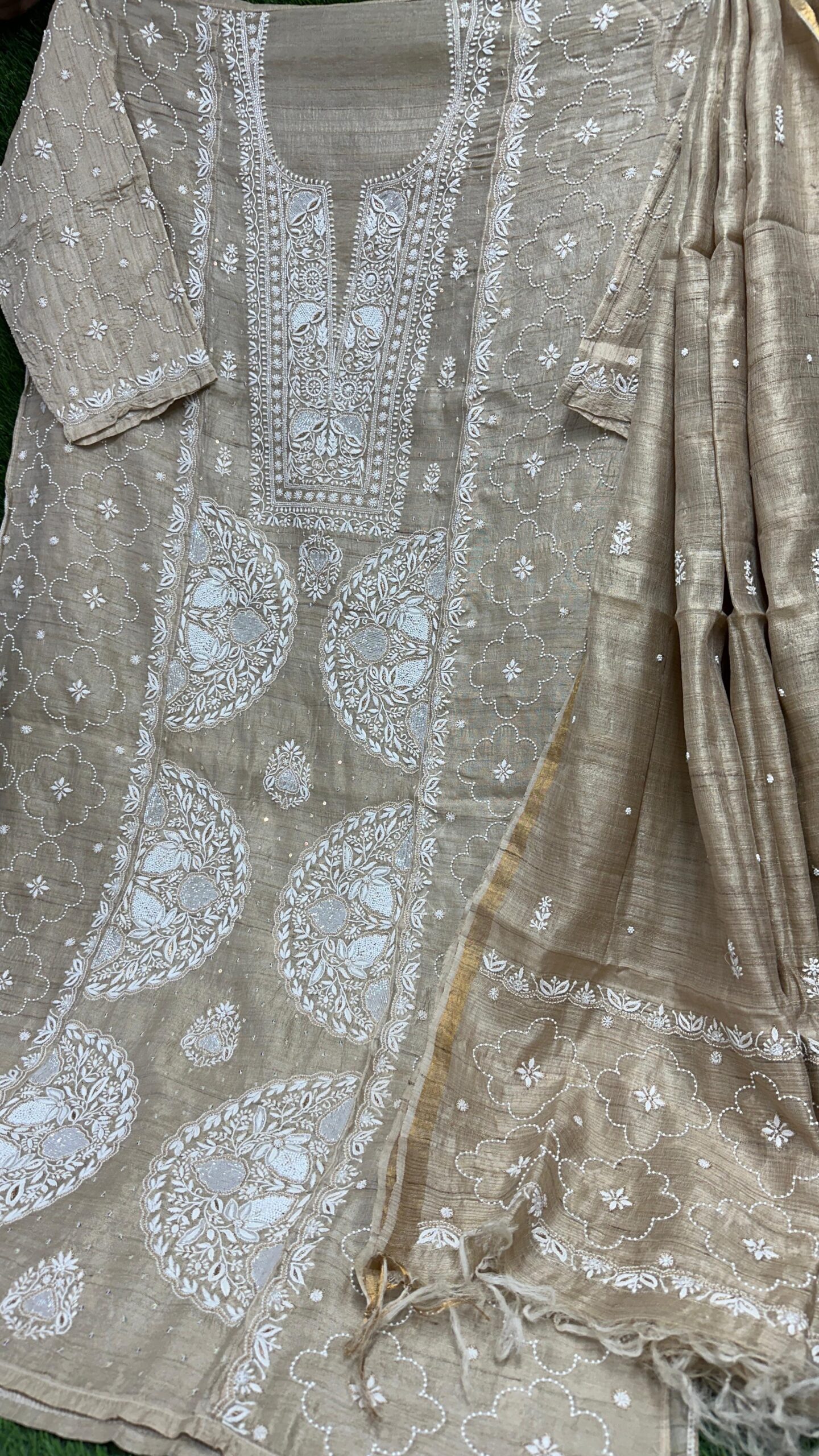 Bharat Hand Embroidered Chikan Tusser Silk Shirt-Dupatta Set