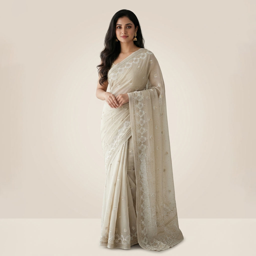 Beige Premium Lucknowi Chikankari Saree with Hand Embroidery & Designer Border