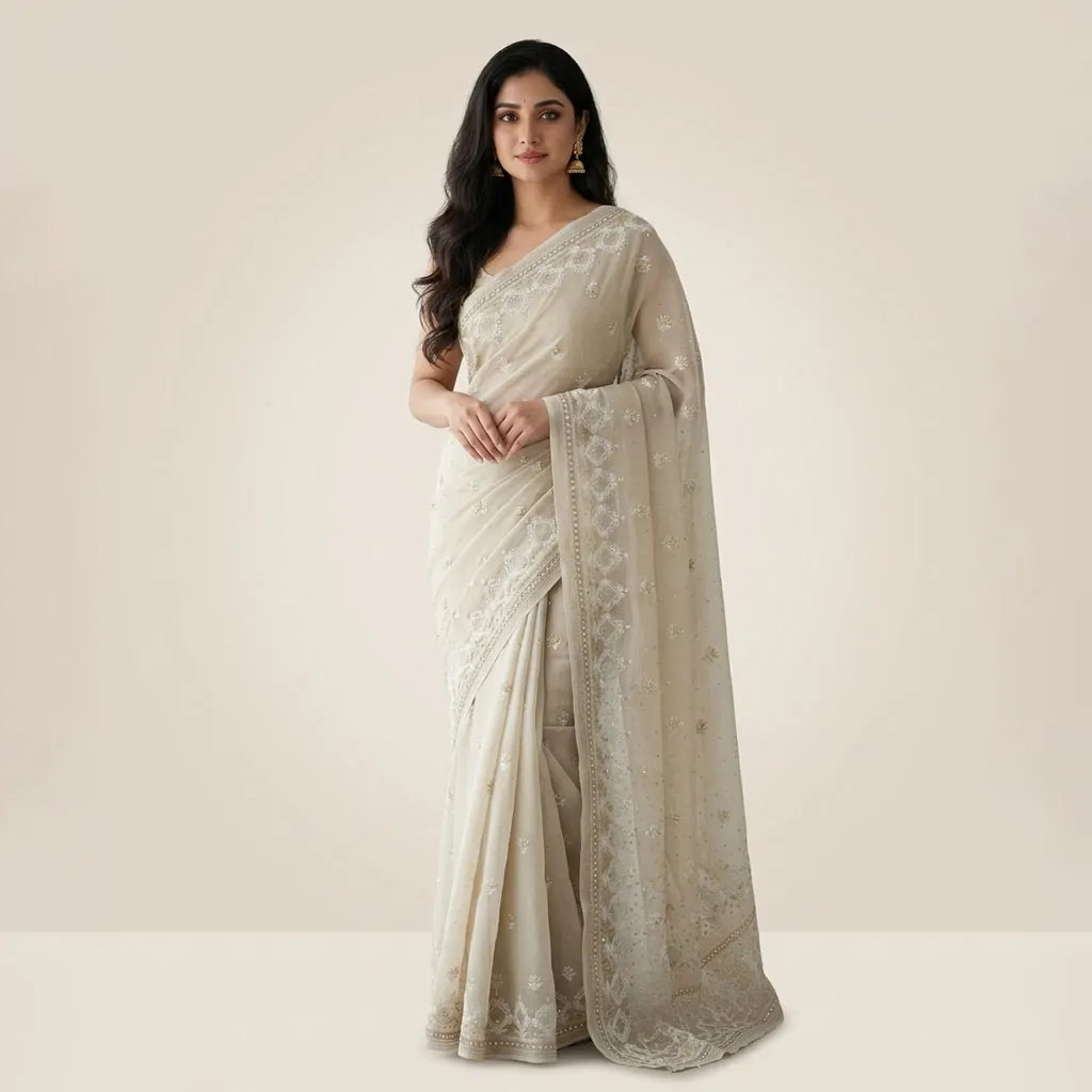 Bharat Chikan Beige Premium Lucknowi Chikankari Saree with Hand Embroidery & Designer Border