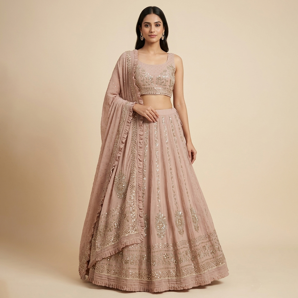 Beige Sequin Embroidered Designer Lehenga Choli with Ruffle Dupatta – Festive & Wedding Wear