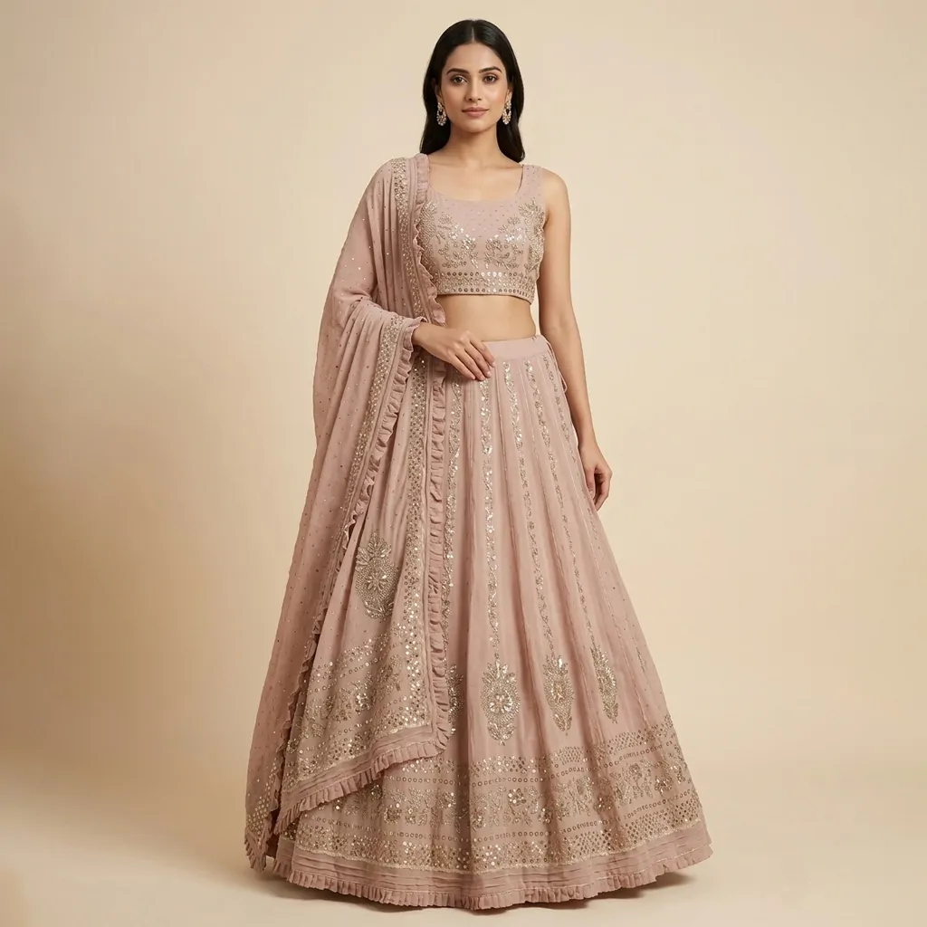 Bharat Chikan Beige Sequin Embroidered Designer Unstitched Lehenga Choli with Ruffle Dupatta – Festive & Wedding Wear | Unstitched