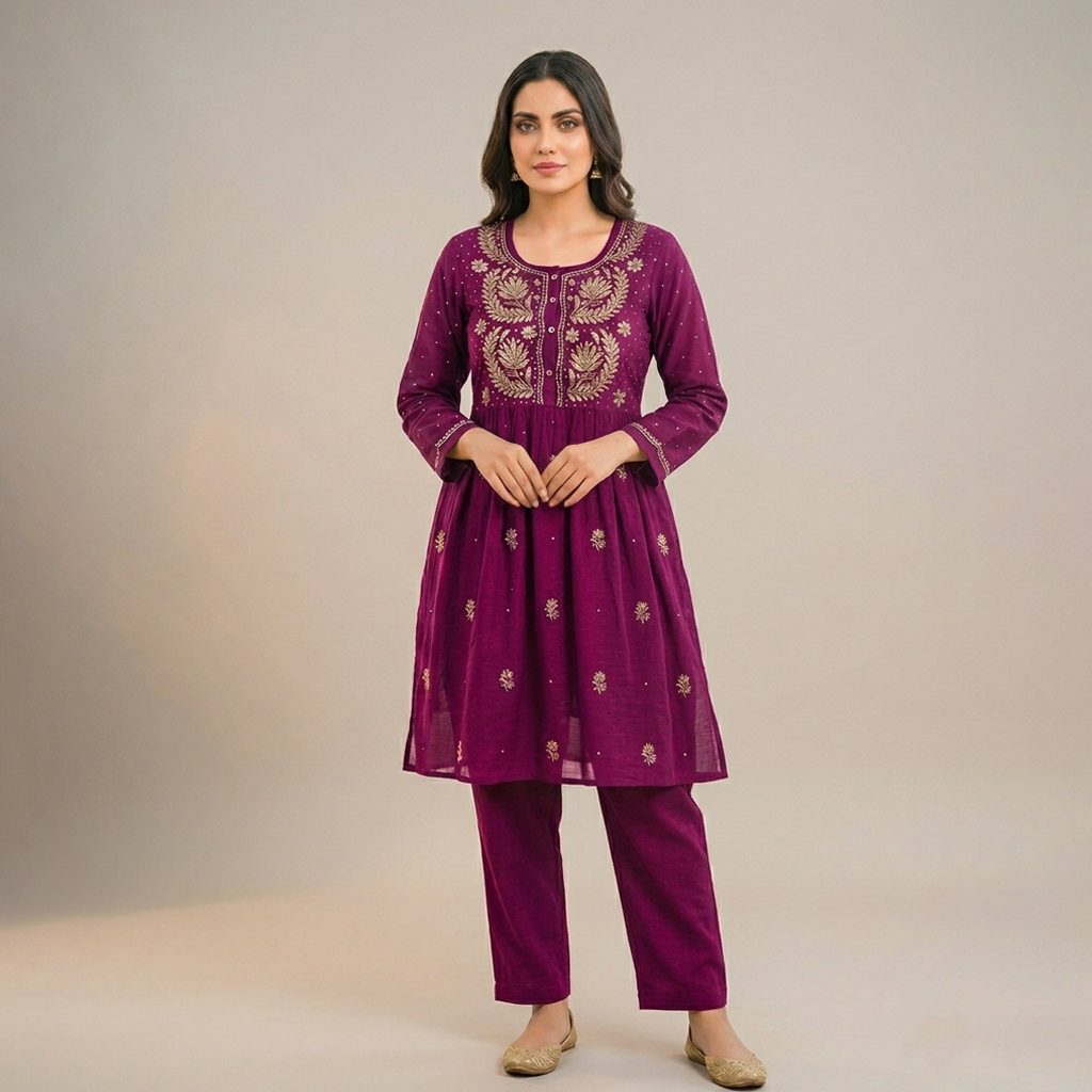 Magenta Chikan Embroidered Kurta Pant Set for Women – Elegant Festive Ethnic Wear