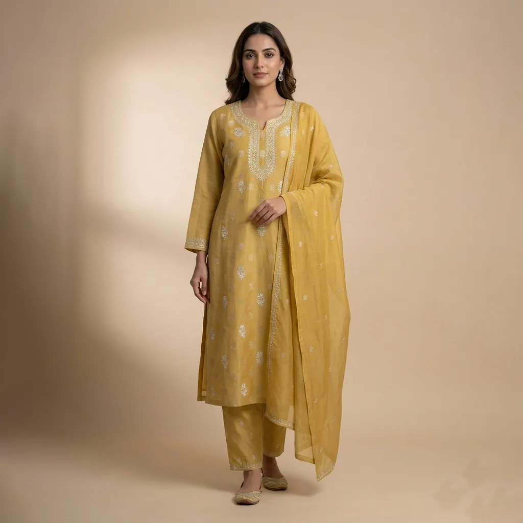 Bharat Chikan Mustard Yellow Lucknowi Chikankari Unstitched Kurta Set with Dupatta – Hand Embroidered Chanderi Silk Suit for Women | Unstitched