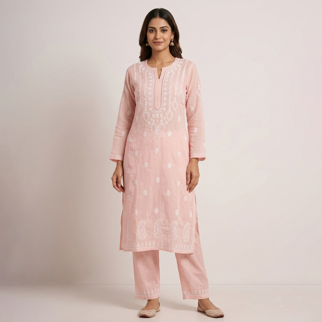 Pastel Peach Lucknowi Chikan Embroidered Unstitched Kurta Pant Set for Women – Elegant Ethnic Wear