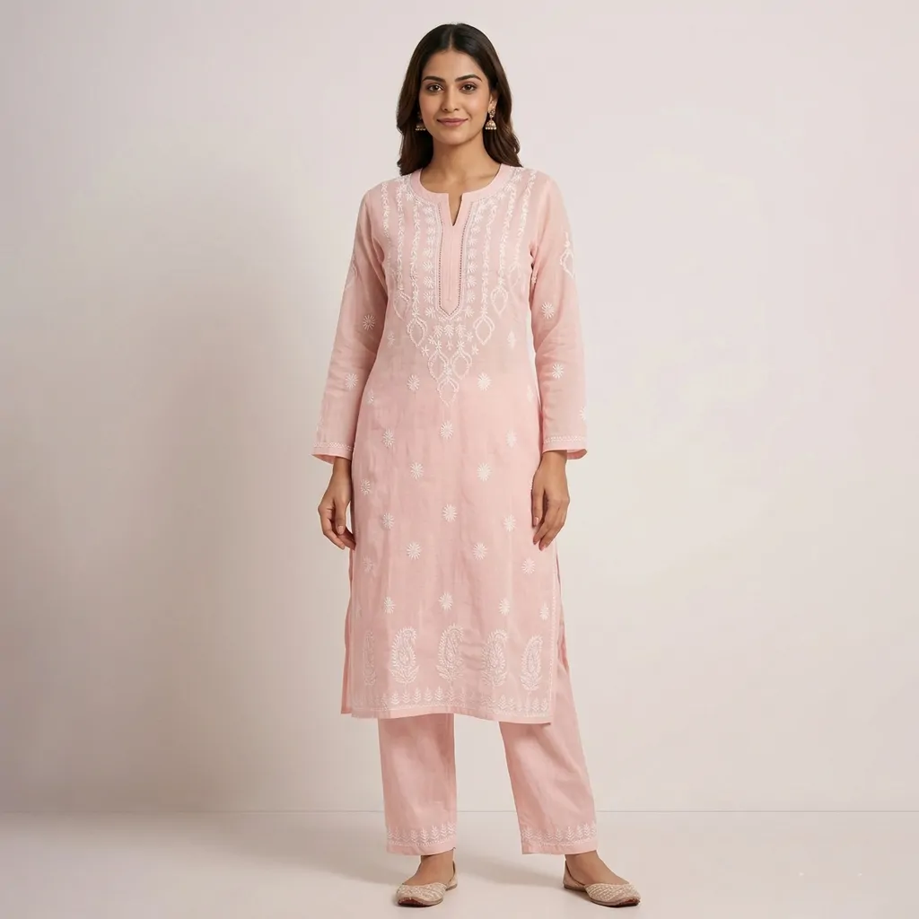 Bharat Chikan Pastel Peach Lucknowi Chikan Embroidered Unstitched Kurta Pant Set for Women – Elegant Ethnic Wear