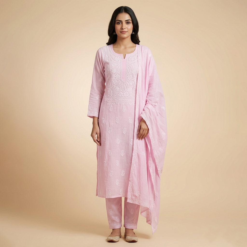 Pastel Pink Lucknowi Chikan Embroidered Unstitched Kurta Pant Set with Dupatta – Elegant Ethnic Wear