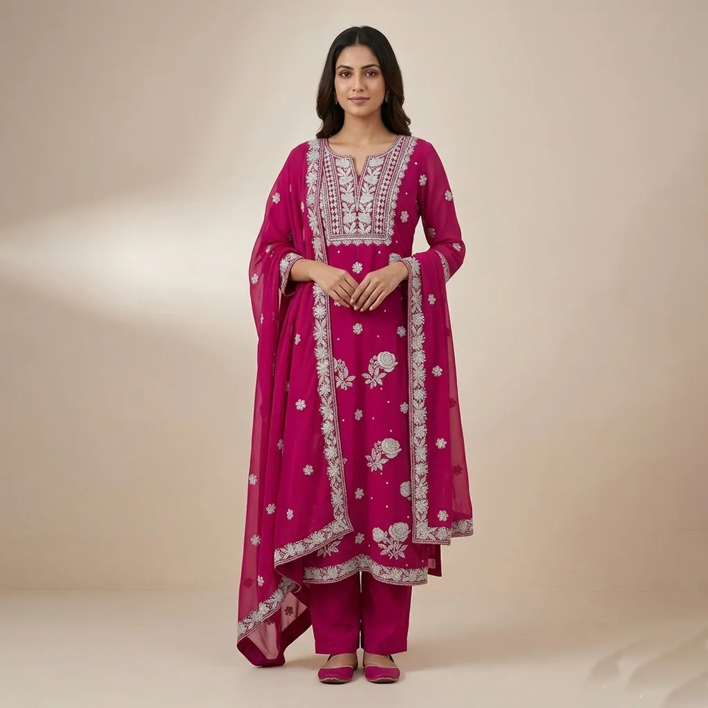 Bharat Chikan Premium Pink Lucknowi Chikankari Unstitched Suit Set with Embroidered Dupatta | Women’s Ethnic Wear | Unstitched