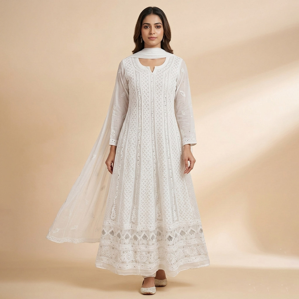White Lucknowi Chikankari Anarkali Suit with Dupatta – Hand Embroidered Cotton Chikan Kurti for Women