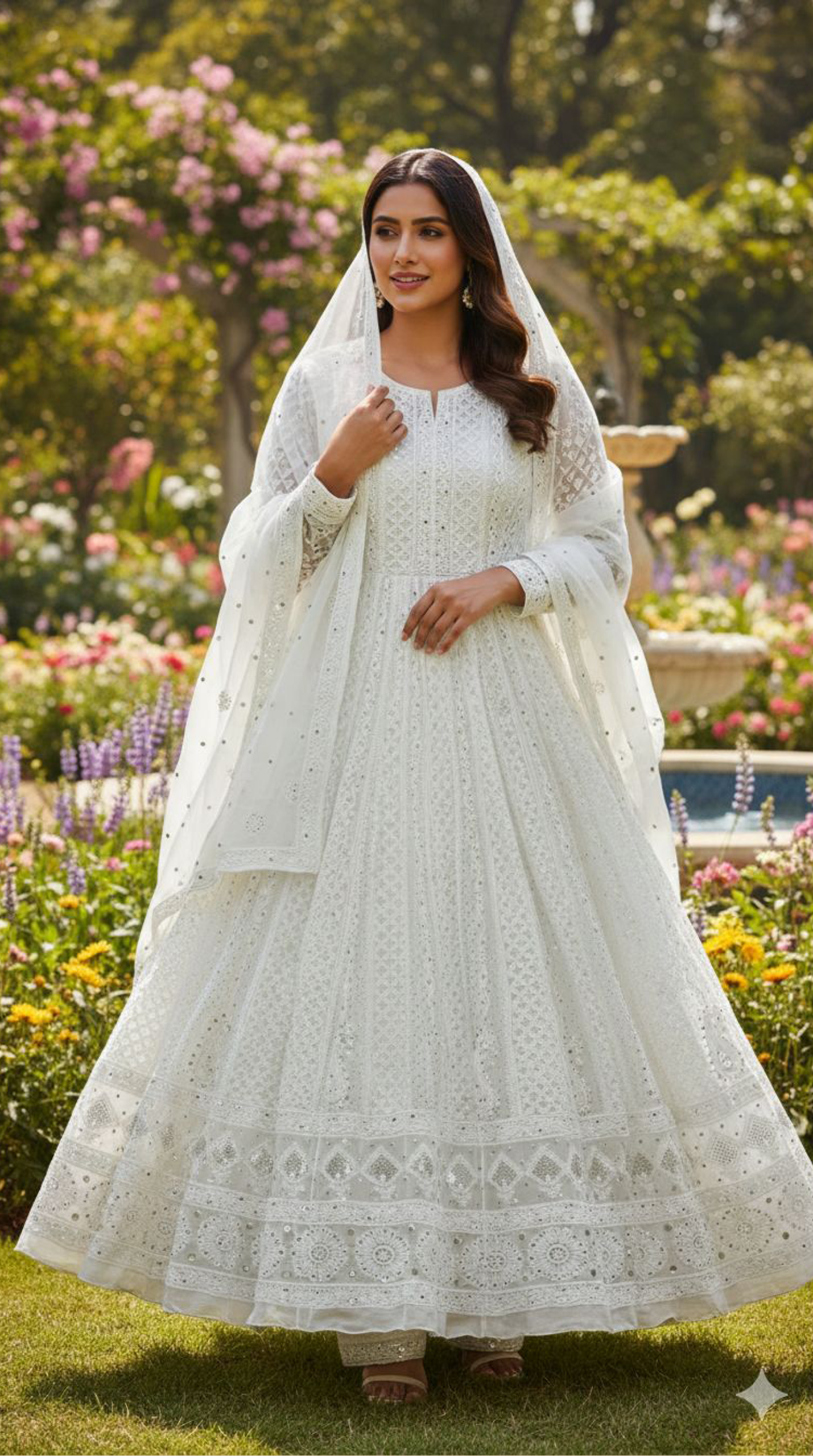White Lucknowi Chikankari Anarkali Suit with Dupatta – Hand Embroidered Cotton Chikan Kurti for Women