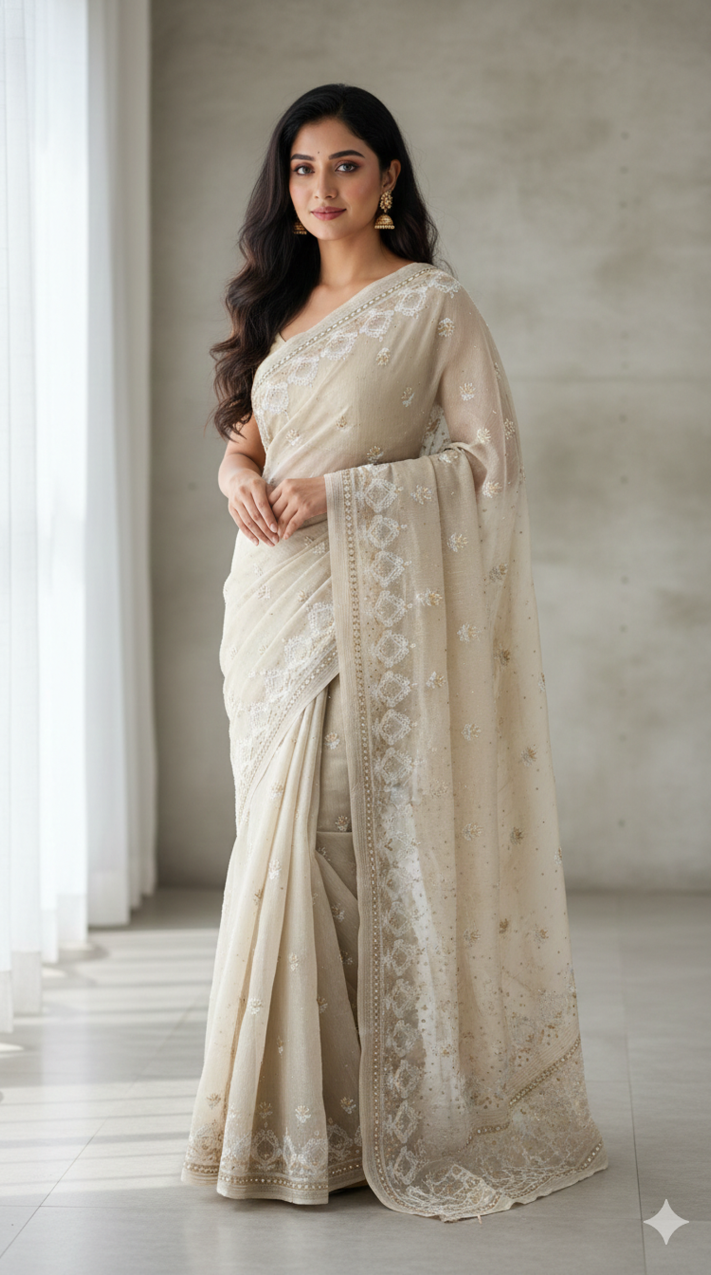 Beige Premium Lucknowi Chikankari Saree with Hand Embroidery & Designer Border