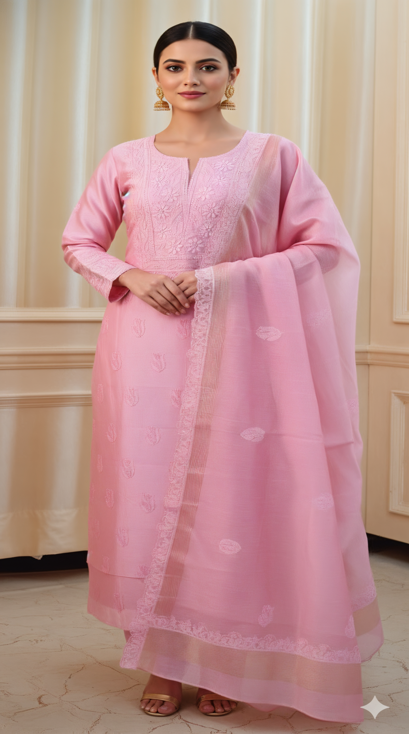 Pastel Pink Lucknowi Chikan Embroidered Kurta Pant Set with Dupatta – Elegant Ethnic Wear