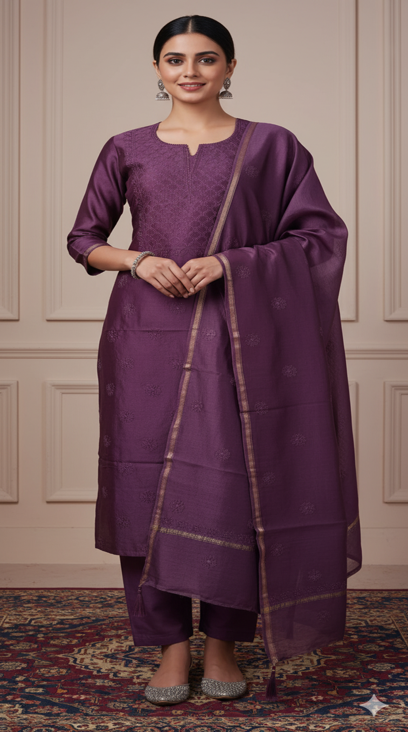 Wine Purple Embroidered Kurta Pant Set with Dupatta for Women – Elegant Festive Ethnic Wear