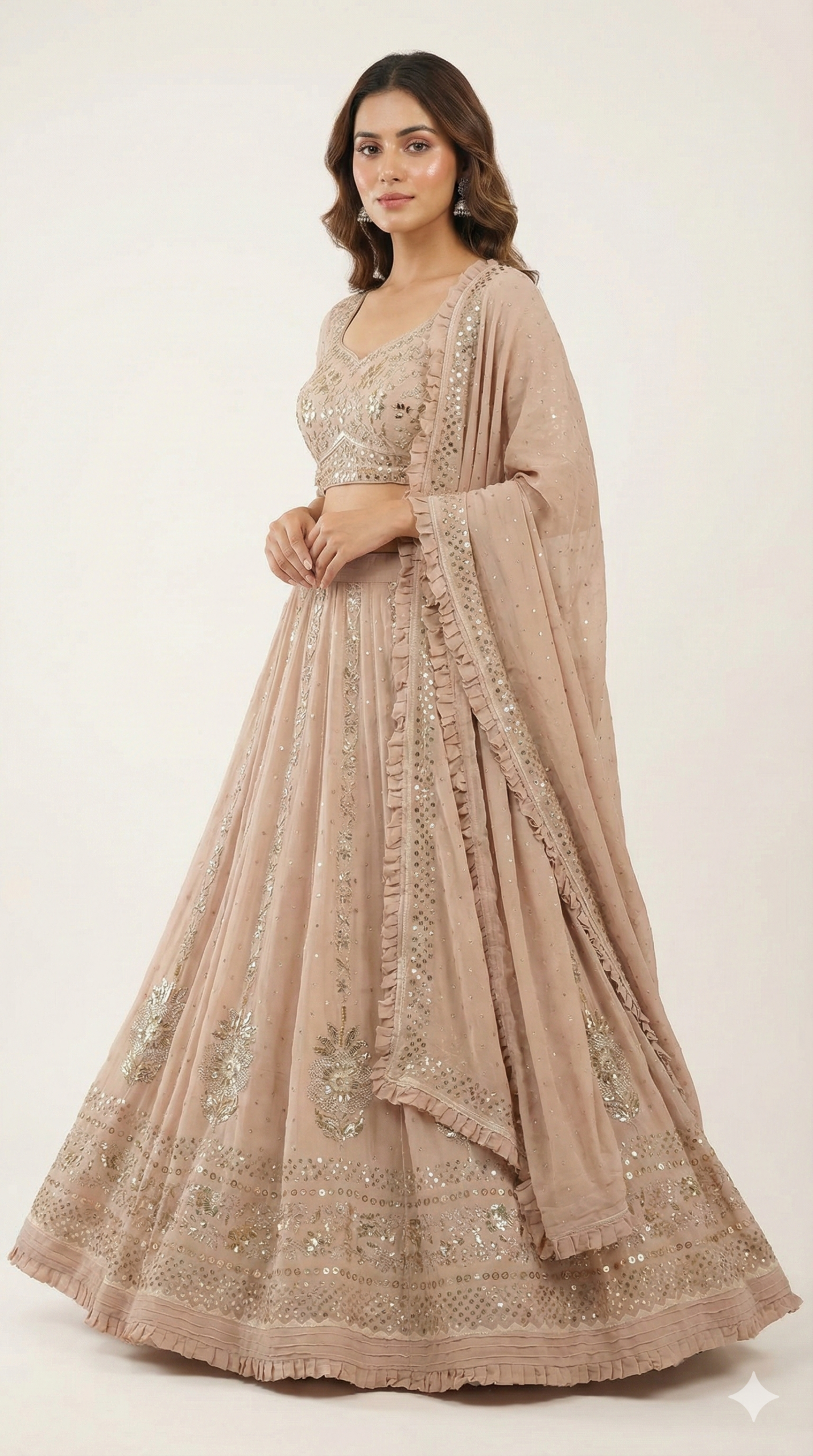 Beige Sequin Embroidered Designer Lehenga Choli with Ruffle Dupatta – Festive & Wedding Wear