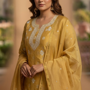 Mustard Yellow Lucknowi Chikankari Kurta Set with Dupatta