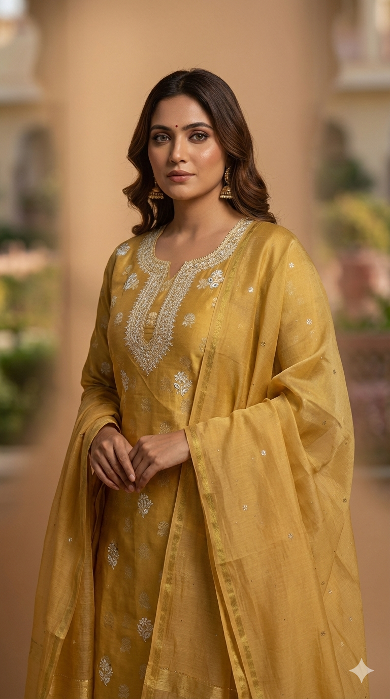 Mustard Yellow Lucknowi Chikankari Kurta Set with Dupatta
