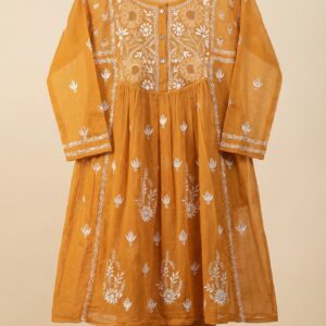 Mustard yellow Lucknowi Chikankari kurti set with white hand embroidery and matching pant
