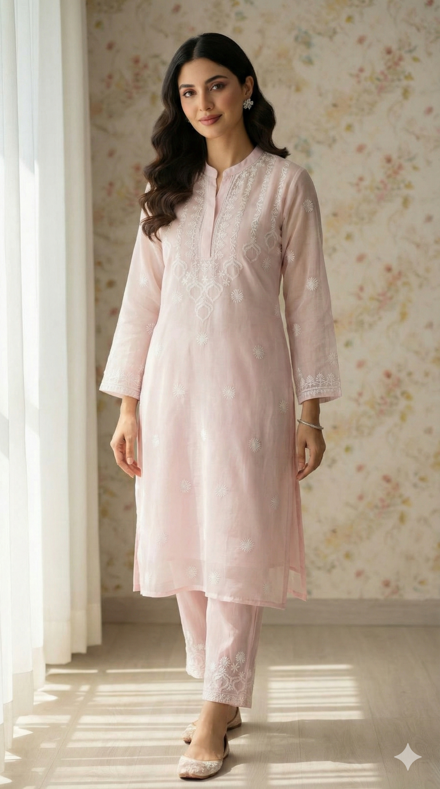Pastel Peach Lucknowi Chikan Embroidered Kurta Pant Set for Women – Elegant Ethnic Wear