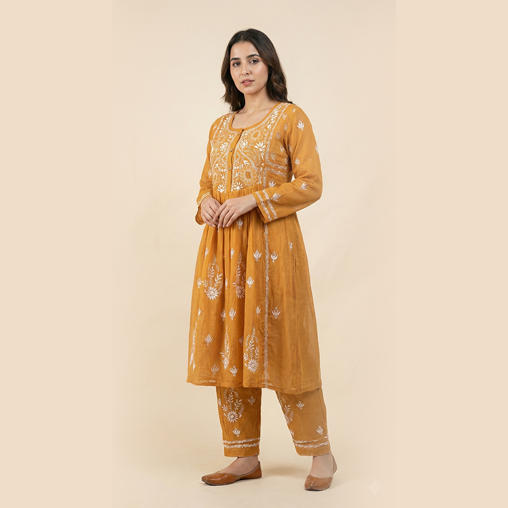 Mustard Yellow Lucknowi Chikankari Kurti Set with Pant – Hand Embroidered Ethnic Wear for Women
