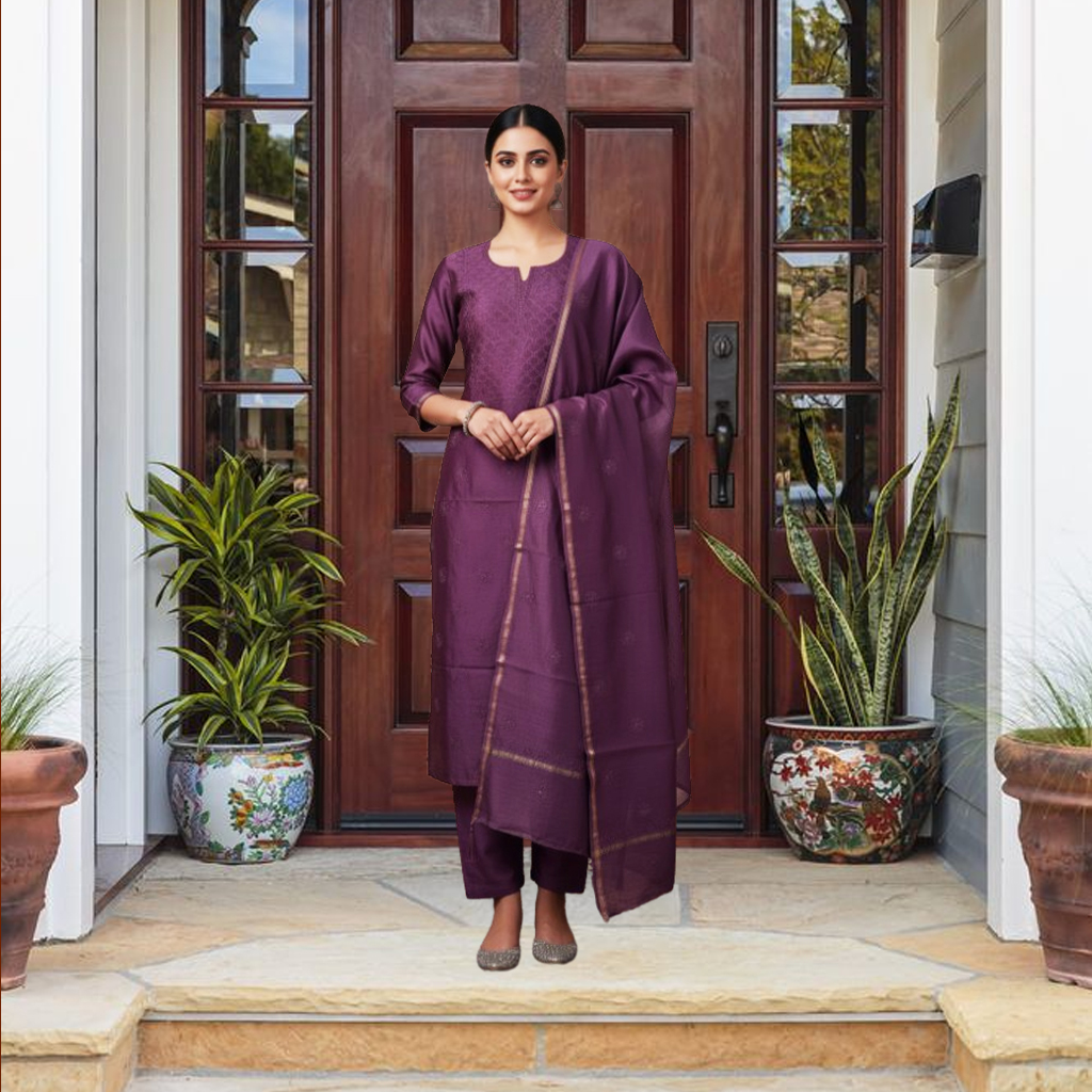 Wine Purple Embroidered Unstitched Kurta Pant Set with Dupatta for Women – Elegant Festive Ethnic Wear