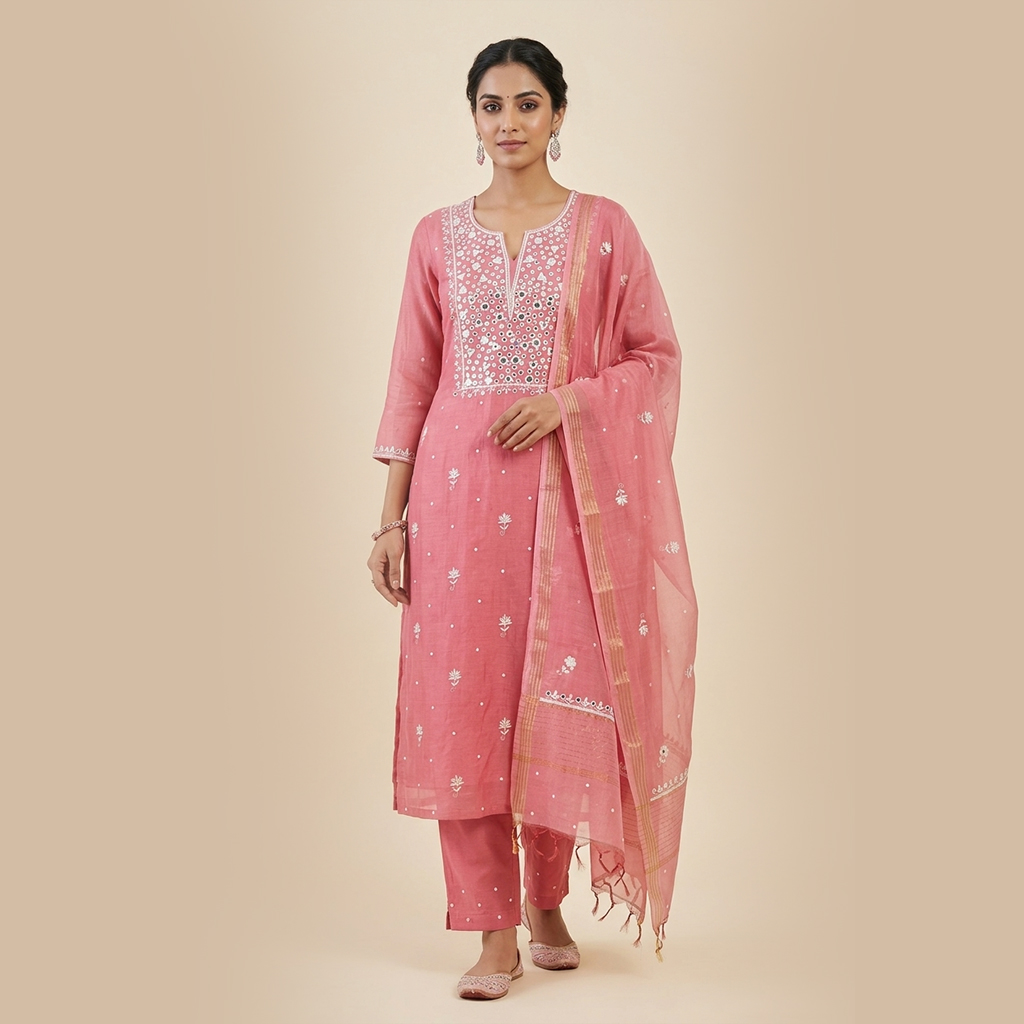 Pink Lucknowi Chikankari Unstitched Suit Set with Dupatta – Hand Embroidered for Women