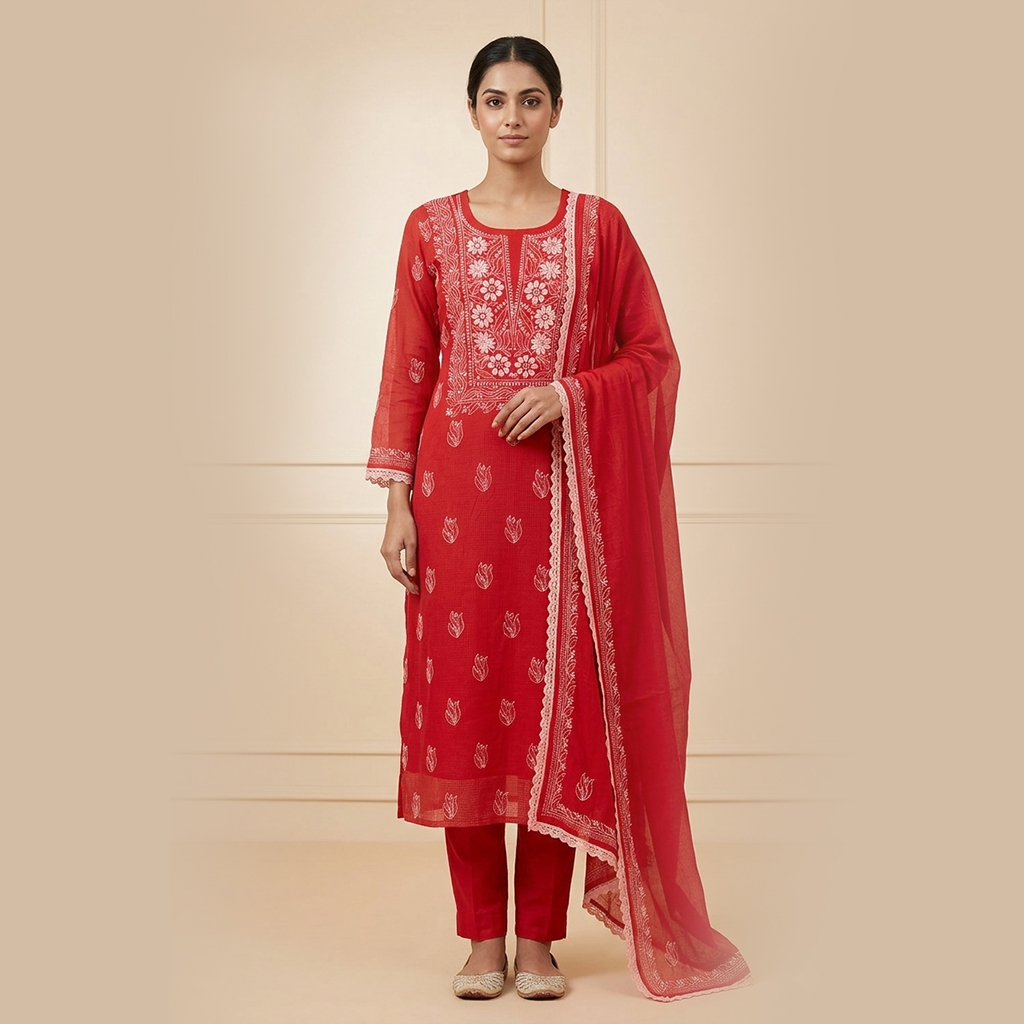 Red Lucknowi Chikankari Unstitched Kurta Set with Dupatta – Hand Embroidered Ethnic Suit for Women