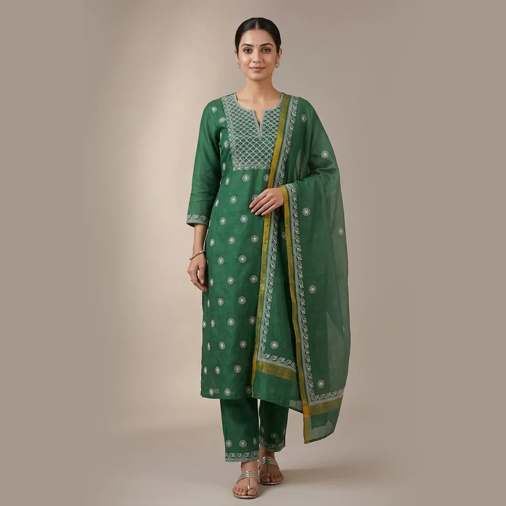 Green Pure Cotton Chikankari Unstitched Kurta Set with Dupatta for Women | Unstitched