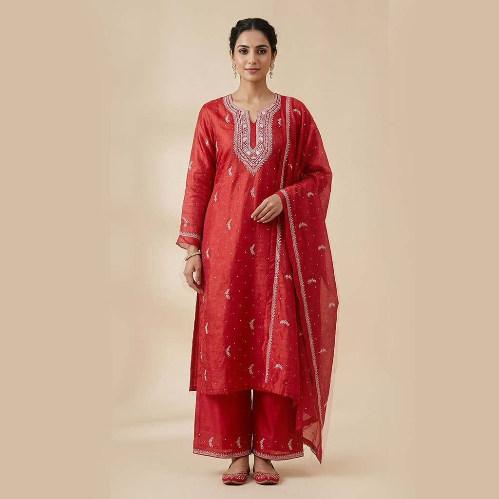 Red Lucknowi Chikan Embroidered Unstitched Kurta Fabric Set with Dupatta for Women