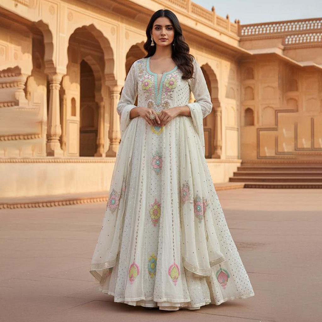Handcrafted Chikan Work Anarkali Suit | Pure Soft Mul Chanderi | Full Length | Unstitched
