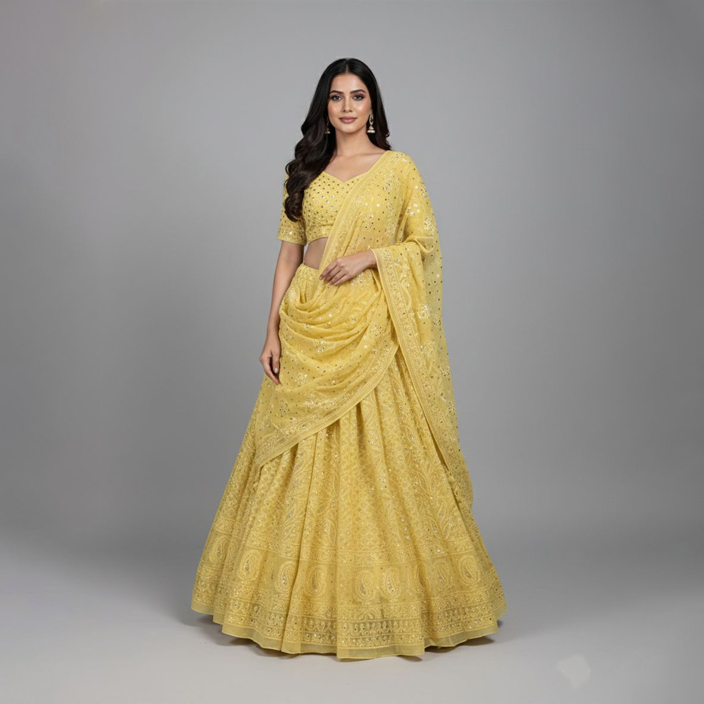Yellow Lucknowi Chikan & Mukesh Work Lehenga Set | Soft Viscose Georgette | Unstitched (Dyeable)