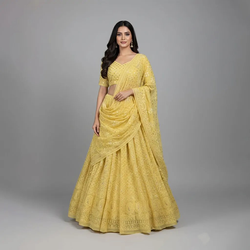 Yellow Lucknowi Chikan & Mukesh Work Lehenga Set | Soft Viscose Georgette | Unstitched
