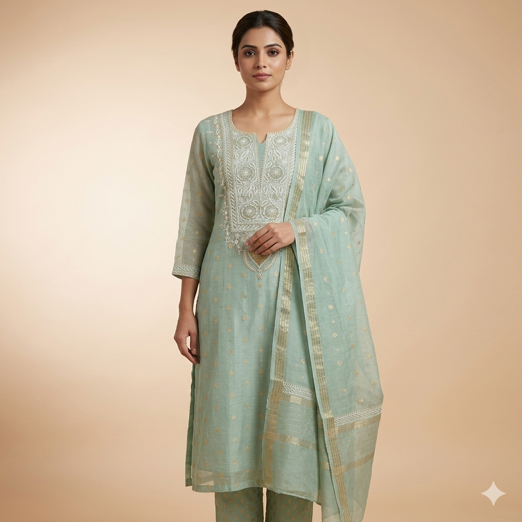 Banarasi Mul Chanderi Silk Suit (Pista Green) | Lucknowi Chikan Handwork | Shirt Dupatta Set | Unstitched