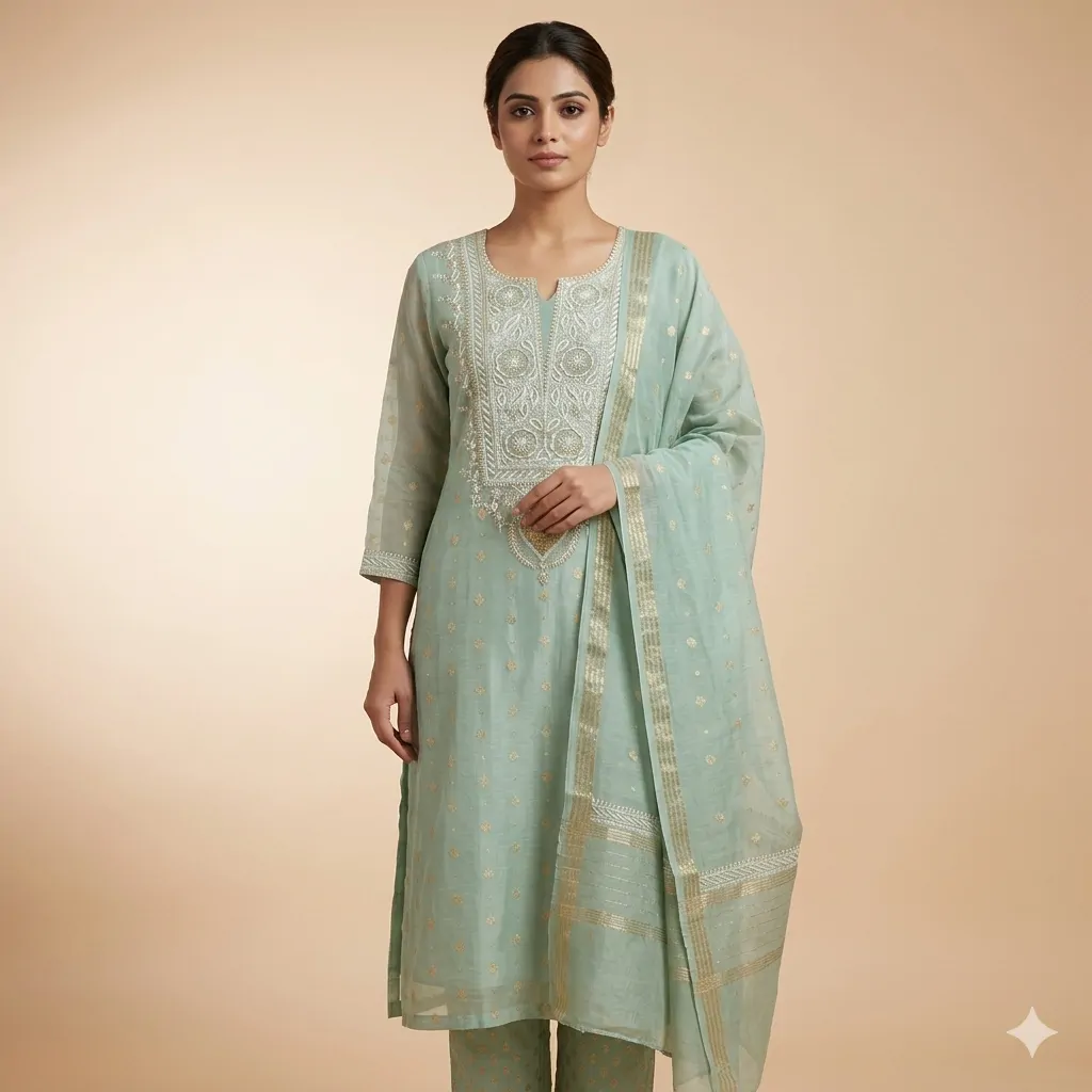 Banarasi Mul Chanderi Silk Suit (Pista Green) | Lucknowi Chikan Handwork | Shirt Dupatta Set | Unstitched
