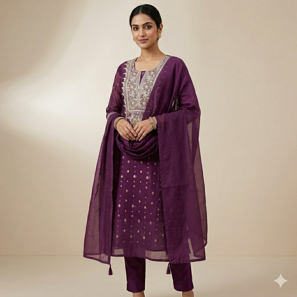Banarasi Mul Chanderi Silk Suit (Deep Purple) | Lucknowi Chikan Handwork | Shirt Dupatta Set | Unstitched