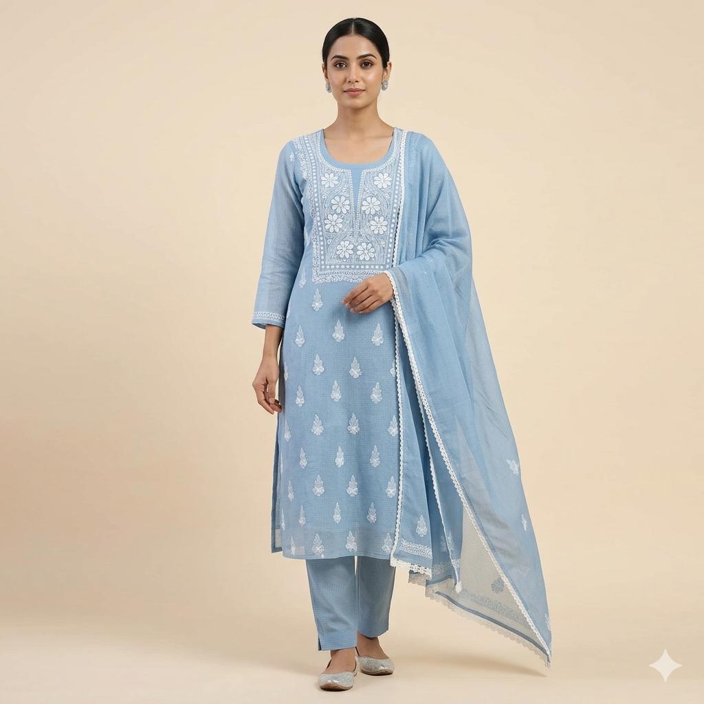 Bharat Chikan Soft Kota Doriya Suit | Lucknowi Chikan & Kurshiya Work | Shirt Dupatta Set | Unstitched