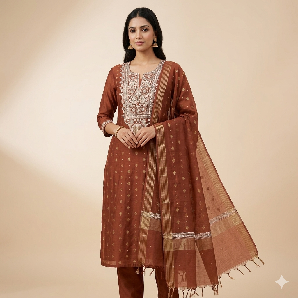 Banarasi Mul Chanderi Silk Suit (Rust Brown) | Lucknowi Chikan Handwork | Shirt Dupatta Set | Unstitched