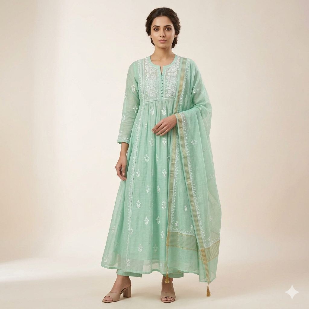 Bharat Chikan Pure Soft Chanderi Silk Chikan Tunic Kurti Set | Lucknowi Handwork | Unstitched | Dyeable | Size 38–50