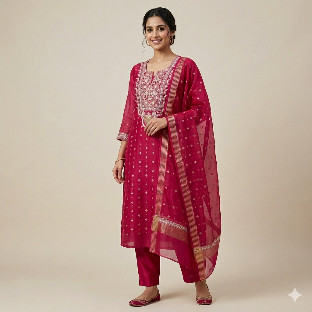 Banarasi Mul Chanderi Silk Suit (Rani Pink) | Lucknowi Chikan Handwork | Shirt Dupatta Set | Unstitched