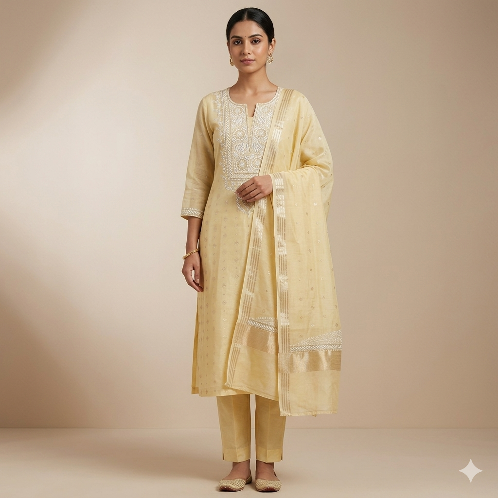 Banarasi Mul Chanderi Silk Suit (Cream) | Lucknowi Chikan Handwork | Shirt Dupatta Set | Unstitched
