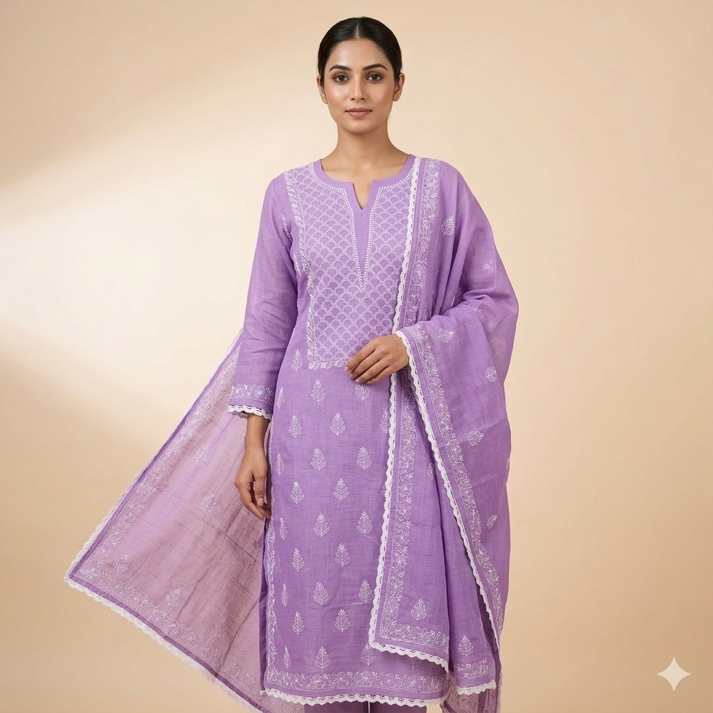 Bharat Chikan Soft Kota Doriya Suit | Scallop Pattern Chikan Work | Kurshiya Detailing | Shirt Dupatta Set | Unstitched