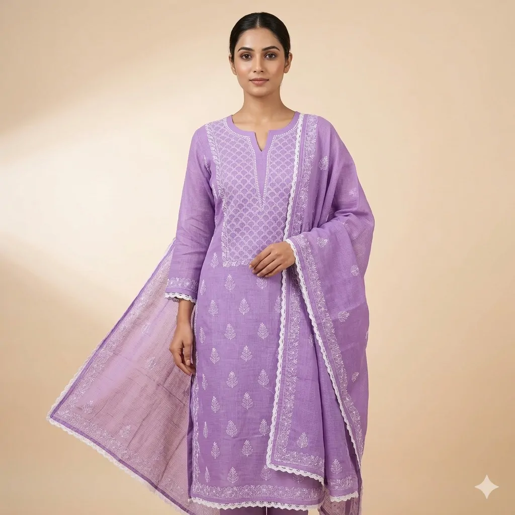 Bharat Chikan Soft Kota Doriya Suit | Scallop Pattern Chikan Work | Kurshiya Detailing | Shirt Dupatta Set | Unstitched