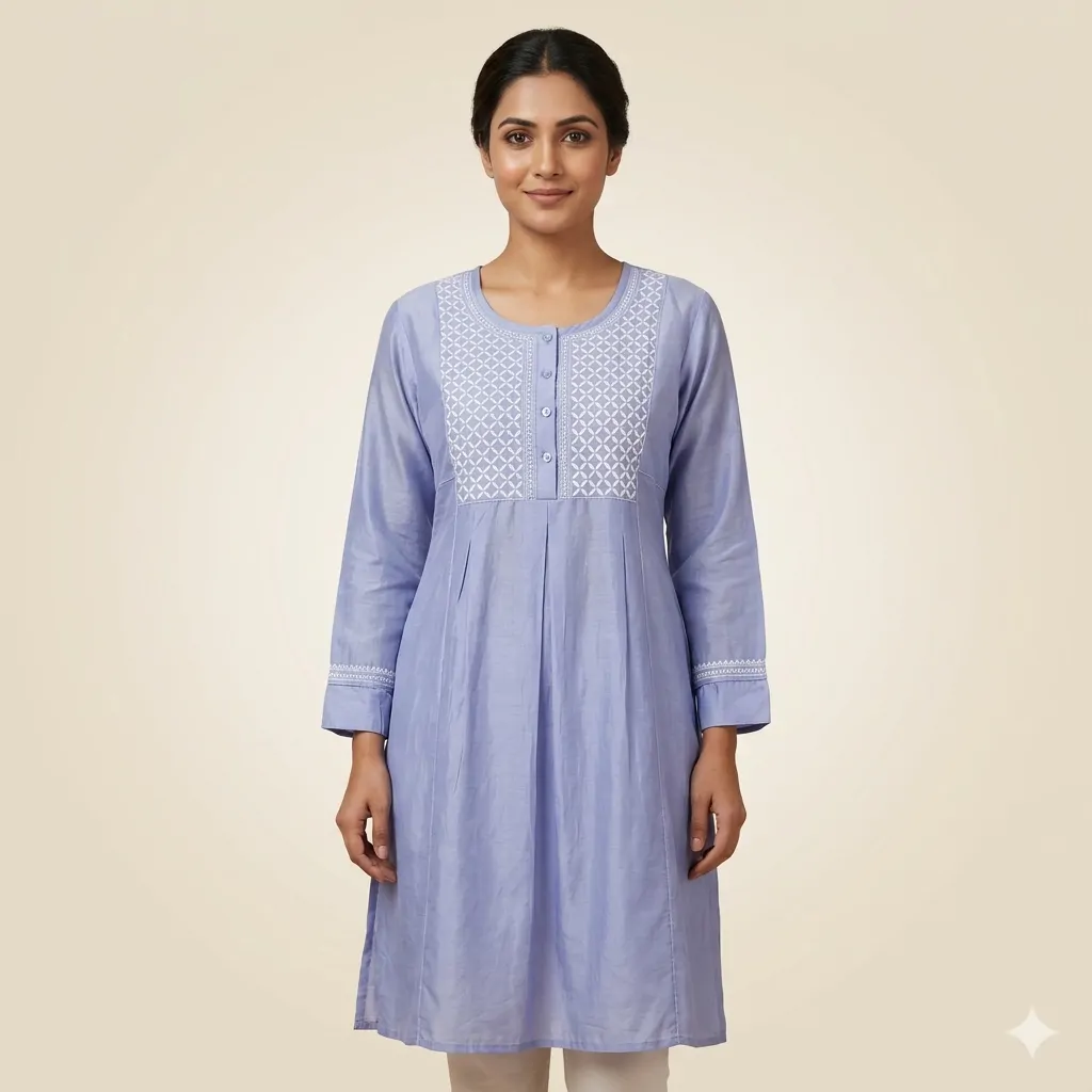 Bharat Chikan Pure Chanderi Silk Short Kurti | Lucknowi Chikan Work | Tunic Style | Semi-Stitched