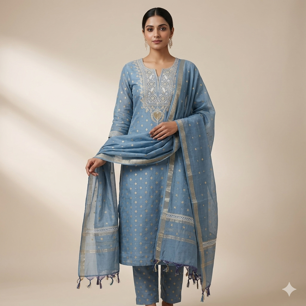 Bharat Chikan Banarasi Mul Chanderi Silk Suit | Lucknowi Chikan Handwork | Shirt Dupatta Set | Unstitched