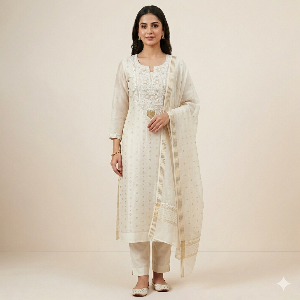 Banarasi Mul Chanderi Silk Suit (Off White) | Lucknowi Chikan Handwork | Shirt Dupatta Set | Unstitched