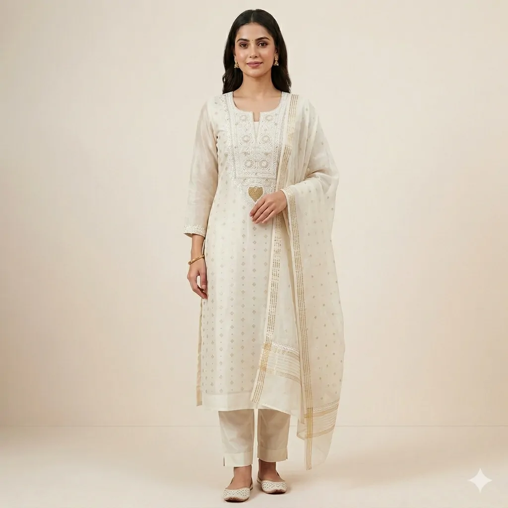 Banarasi Mul Chanderi Silk Suit (Off White) | Lucknowi Chikan Handwork | Shirt Dupatta Set | Unstitched