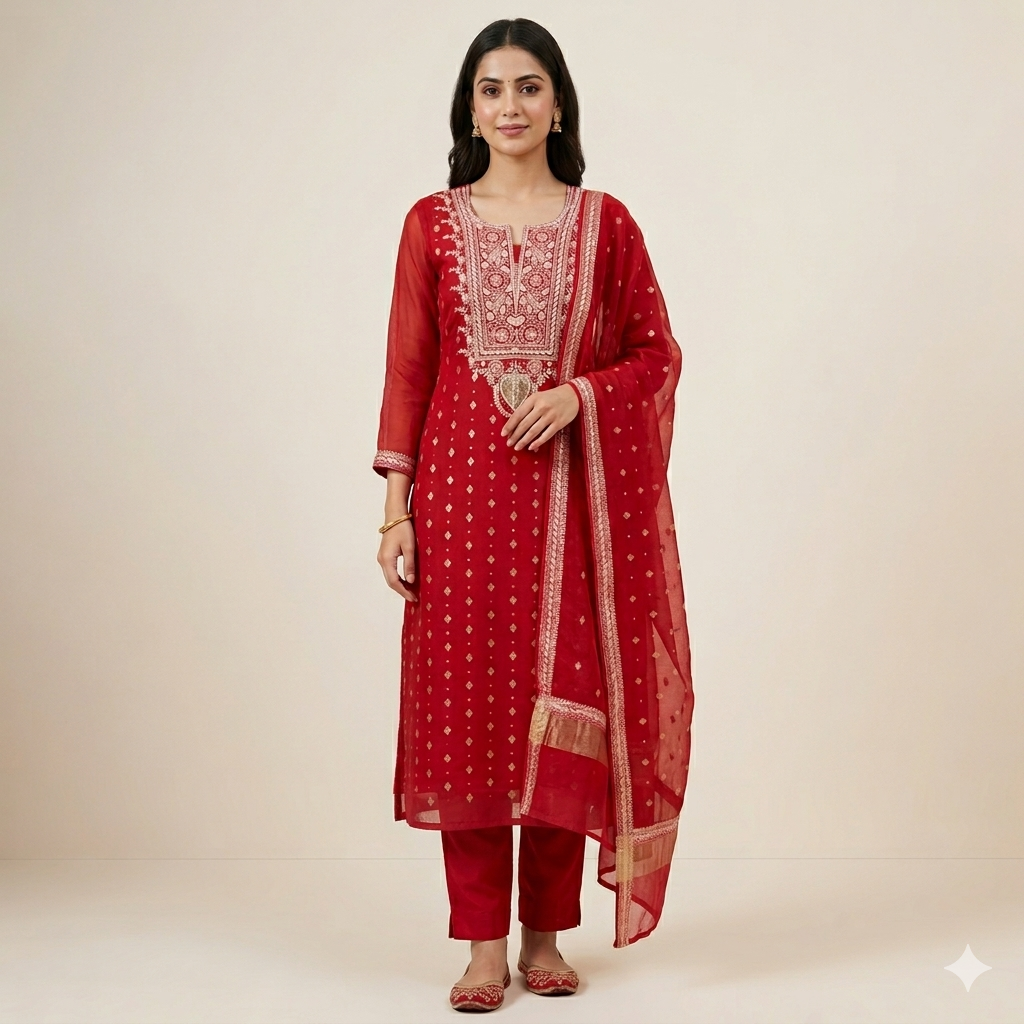 Banarasi Mul Chanderi Silk Suit (Red) | Lucknowi Chikan Handwork | Shirt Dupatta Set | Unstitched