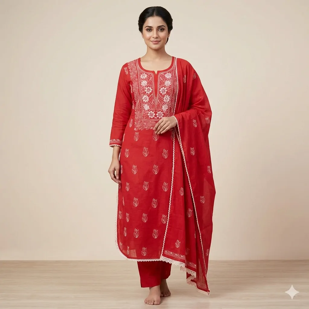 Bharat Chikan Lucknowi Chikan Kurta Set | Soft Kota Doriya Shirt & Dupatta | Kurashiya Work | Unstitched